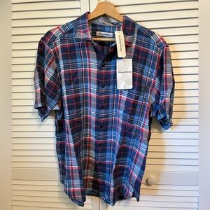NWT Tommy Bahama Navy, Red, and White Short Sleeve Plaid Button Down Shirt
